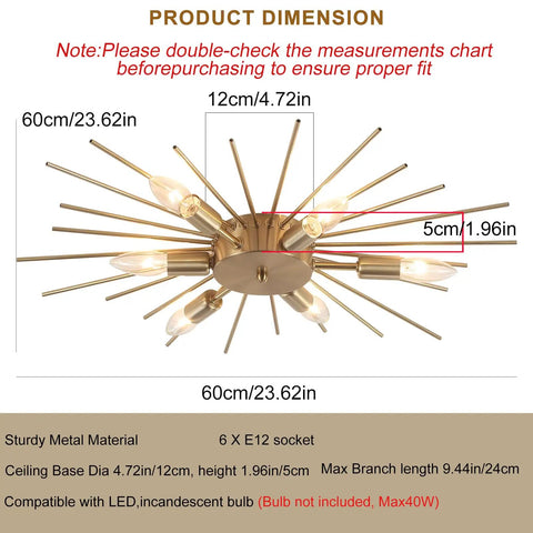 Diagram of Firework Chandelier Pendant Light With Eight Lights, Modern Aluminum Ceiling Fixture, Chrome Finish, dimensions and specs.
