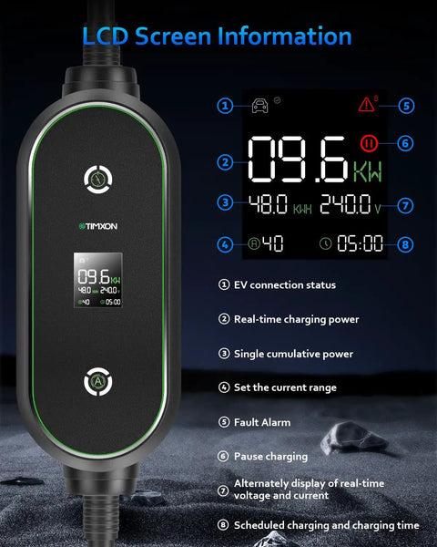 Tesla 40A Level 2 EV Charger 9.6kW 240V With LCD screen showing charging info, settings, and output power
