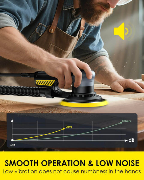 Person using Random Orbital Sander With 360W Brushless Motor 150mm Backing Plate 6 Variable Speeds Up To 10000 RPM for sanding wood