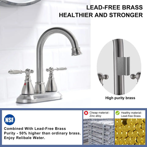 Brushed Nickel Two Handle Centerset Bathroom Faucet For 4 Inch Sinks Vintage Lavatory Vanity Style showing lead-free brass material