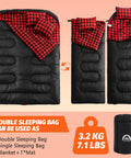 Two Person Double Sleeping Bag With Two Pillows, Split Into Two Individual Bags Or One Queen Blanket, Cold Weather Waterproof Lightweight All Season, Big And Tall XL Sleeping Bag illustrated in configurations.