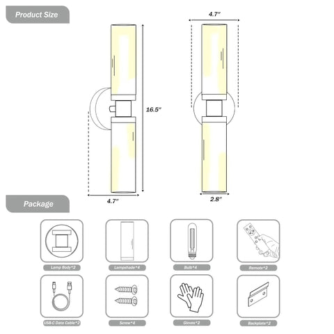 Dimensions and package contents of Battery Powered Wall Sconce Set Of 2 With 10000mAh Rechargeable Batteries Remote Control Cordless Timer Dimmable Glass Lamps For Living Room Bedroom Entryway Emergency Lighting Gold Finish 16.5 Inch.