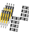 Set of ten yellow and silver pens with multi-tools, Six In One Screwdriver And Tool Pen Kit For Quick Home And Outdoor Repairs.