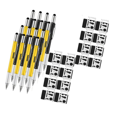 Set of ten yellow and silver pens with multi-tools, Six In One Screwdriver And Tool Pen Kit For Quick Home And Outdoor Repairs.