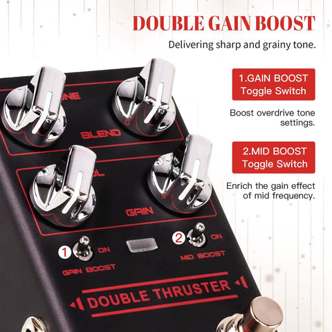 Bass Overdrive Pedal With Blend Dial For Clean Mix And Edge Mid And Gain Boost Switches Tone Volume And Gain Knobs True Bypass Built For Punchy Low End And Saturated Grit Double Thruster R28, showing toggle switches and knobs.