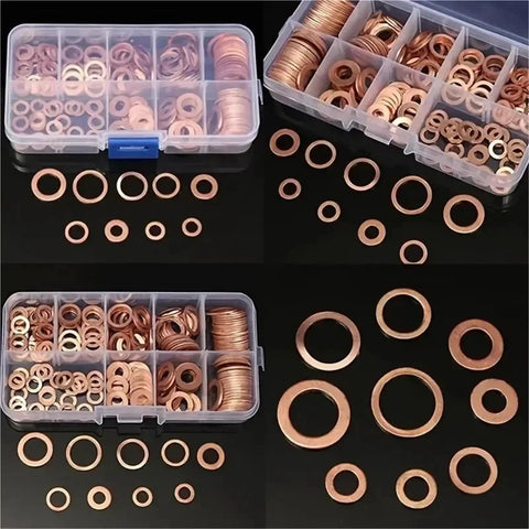 Killer Flat Copper Washers And Gasket Kit With Heavy Duty Bolts And Nuts Size M8 To M14 Fits Car Sump Plug Oil Drain Easily And Securely Heat Proof Construction Ensures Reliability For Mechanic Guys Doing Home Garage Projects At Low Cost., copper washer assortment in organizer boxes, M8 to M14