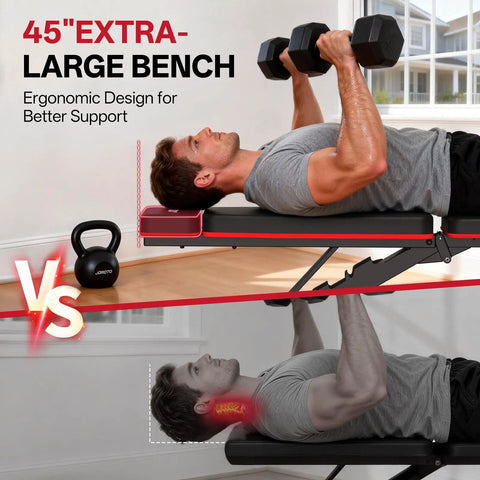 Man using Heavy Duty 1000 LB Adjustable Weight Bench For Home Gym With Foldable Frame Incline Decline And Flat Positions Red MD55