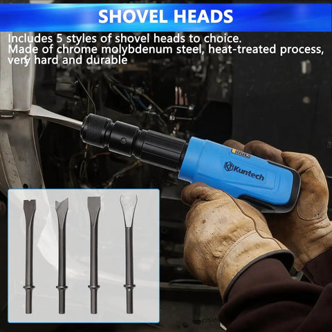 27 Piece Air Hammer Kit With Pneumatic Hammers Up To 2500 BPM Pro Grade Heavy Duty Bead Breaker And Chisel Set One Button Start Self Locking Handle Comfortable Grip For Auto Body Metalworking And Construction Projects, blue air hammer with shovel heads