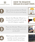 Infographic showing steps to use Adhesive Sticker Remover Kit With Four Inch Rubber Wheel For Cars Removing Decals Vinyl Stickers
