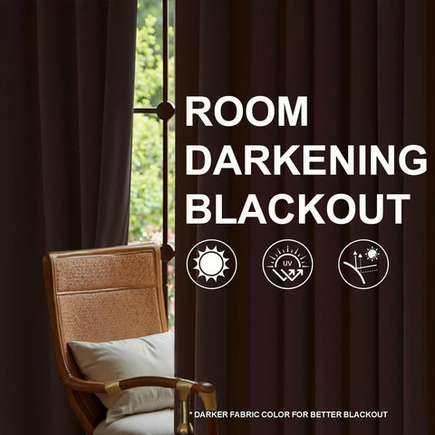 Luxury Velvet Blackout Curtains 96 Inches Long In Brown Tan Terracotta With Pinch Pleat Design in a living room setting.