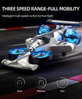 Dual Mode RC Plane Car Toy For Kids Ages 4 To 12 2 In 1 Foam Jet Drone with blue lights showcasing speed modes on track