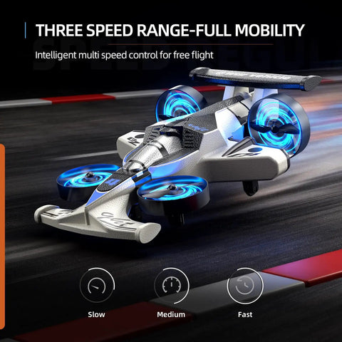 Dual Mode RC Plane Car Toy For Kids Ages 4 To 12 2 In 1 Foam Jet Drone with blue lights showcasing speed modes on track