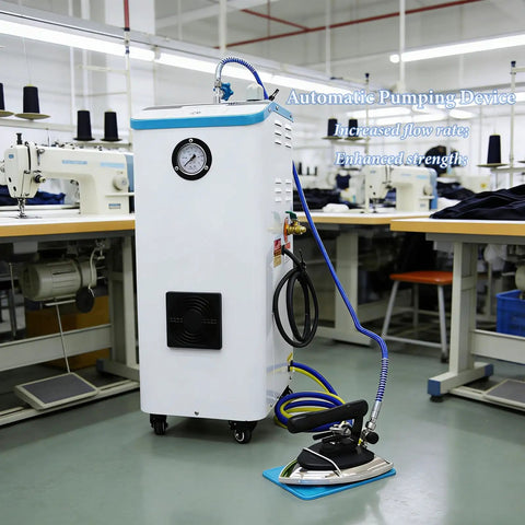 Pro Grade Industrial Steam Generator Boiler With 7 Liter Tank And 3.5 Kilowatt Motor Delivers Continuous Dry Steam For Dry Cleaners And Garment Plants Zero Hassle Auto Pressure Control Crushes Heavy Wrinkles Smooth Operator with automatic pumping device in a garment factory.