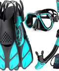 All In One Snorkel Set With Panoramic Mask And Dry Top Snorkel Grab And Go Adjustable Fins Travel Bag for Adults shown in blue and black