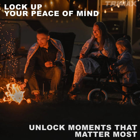 Family sitting around a campfire with the slogan 'Lock Up Your Peace of Mind, Unlock Moments That Matter Most'.