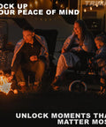 Family enjoying campfire with text 'Lock up your peace of mind. Unlock moments that matter most.'