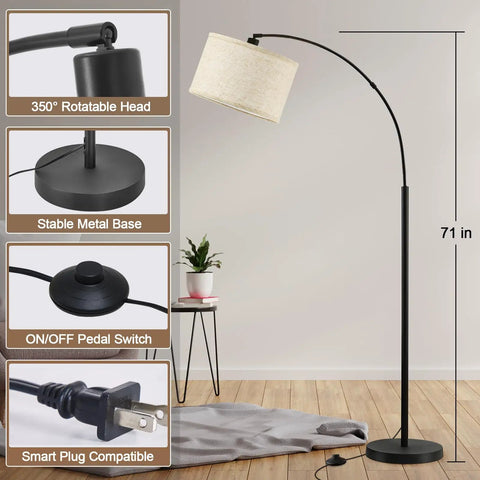 Arched 71 Inch Floor Lamp With Fully Dimmable 0 To 100 Percent Light And Foot Pedal Switch Adjustable Head Tall Reading Lamp