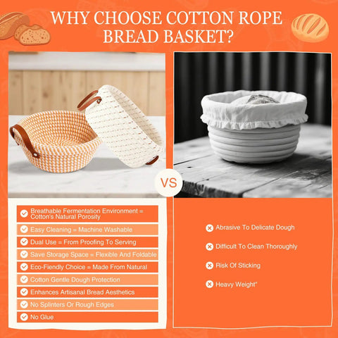 Comparison of cotton rope vs traditional proofing baskets for sourdough bread with benefits and drawbacks listed.