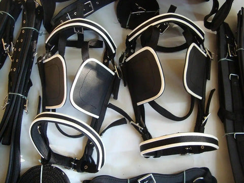 Built To Last Black Nylon Double Horse Cart Driving Harness With White Piping Cob Size, Patent Nylon Construction, Chrome Plated Buckles