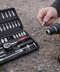 All In One 46 Piece Socket And Screwdriver Bit Set With Ratchet Wrench And Extension Bars For Auto And Home DIY Projects in use