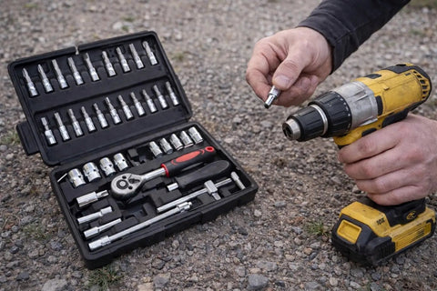 All In One 46 Piece Socket And Screwdriver Bit Set With Ratchet Wrench And Extension Bars For Auto And Home DIY Projects in use