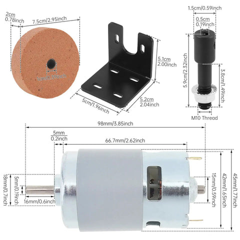 RS775 Compact DC Motor Sander Polisher Kit 12V 24V 120W Brushed Build With 5Mm Shaft showing components, including corundum wheel and mounting plate.