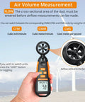 Anemometer Wind Meter With Backlit Display Pro Grade Handheld Gauge That Measures Wind Speed Airflow Humidity Temperature Plus Six Velocity Units And Max And Min Readings For HVAC Drone Sailing Fishing And Outdoor Use showing airflow measurement and CFM, CMM, CMS units