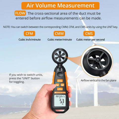 Anemometer Wind Meter With Backlit Display Pro Grade Handheld Gauge That Measures Wind Speed Airflow Humidity Temperature Plus Six Velocity Units And Max And Min Readings For HVAC Drone Sailing Fishing And Outdoor Use showing airflow measurement and CFM, CMM, CMS units