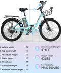 Dope City Cruiser Electric Bike with 24 inch wheel, measurements for top tube, stand height, and load capacity of 300lbs
