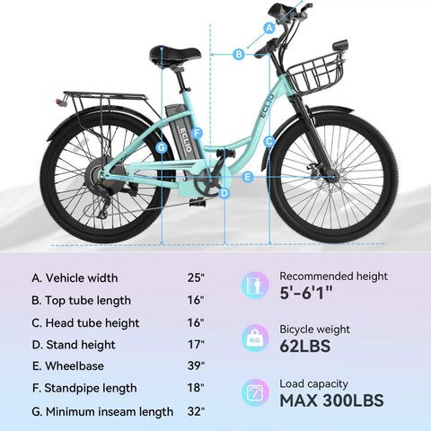Dope City Cruiser Electric Bike with 24 inch wheel, measurements for top tube, stand height, and load capacity of 300lbs