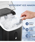 Countertop Ice Maker With Handle Delivers Chewable Nugget Ice In Six Minutes Or Less showing ice scoop and ice basket.