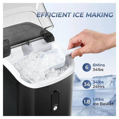 Countertop Ice Maker With Handle Delivers Chewable Nugget Ice In Six Minutes Or Less showing ice scoop and ice basket.