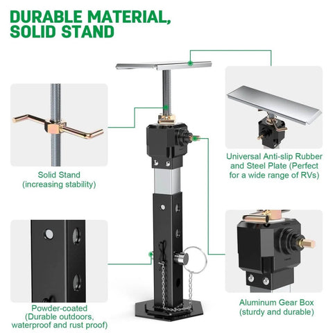 Beefy Heavy Duty RV Slide Out Stabilizer Jacks 13 To 26 Inch Electric Drill Adjustable 2 Pack For RV Camper And Travel Trailer Supports Up To 5,000 Lbs Aluminum Gear Box Quick Lift And Easy Setup, showing solid stand and universal anti-slip plate.