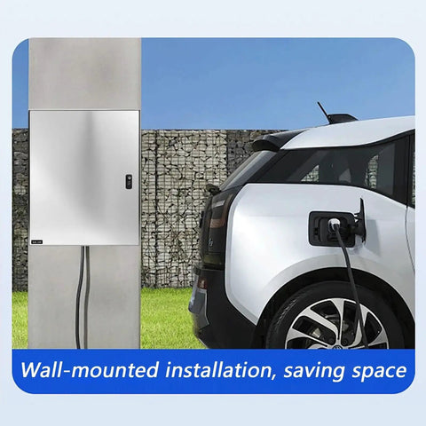 Built Tough Wall Mounted EV Charger Protective Box Stainless Steel Charging Station Enclosure installed beside an electric vehicle.