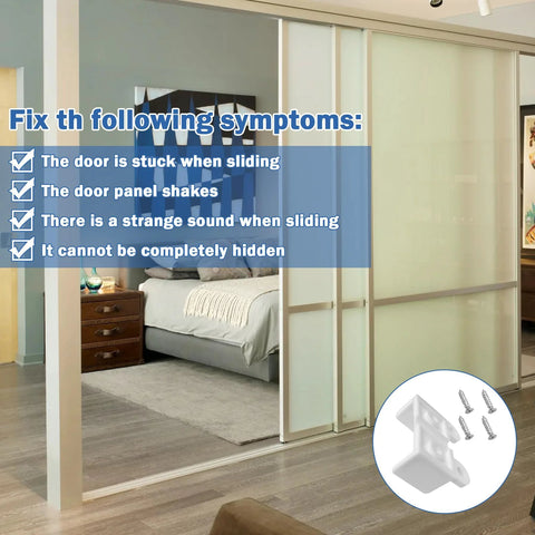 2 Pack Sliding Closet Door Floor Guides For 1 3 8 Inch Doors White Includes 8 Screws N 6565 Replacement Part Durable Easy Install Kit For Smooth Operation And Long Lasting Performance shown with sliding doors in a bedroom.