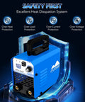 Front view of Mini Stick Welder 110V 200A Portable Inverter Welding Machine with safety features icons in blue background