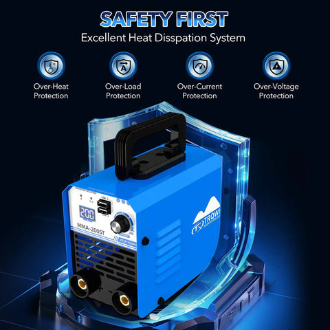 Front view of Mini Stick Welder 110V 200A Portable Inverter Welding Machine with safety features icons in blue background