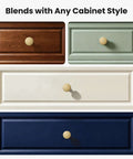 Three Pack 1 1/4 Inch Brushed Gold Solid Zinc Cabinet Knobs on various colored drawers