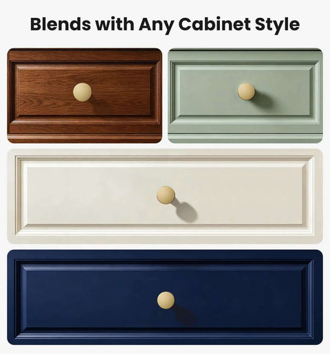 Three Pack 1 1/4 Inch Brushed Gold Solid Zinc Cabinet Knobs on various colored drawers