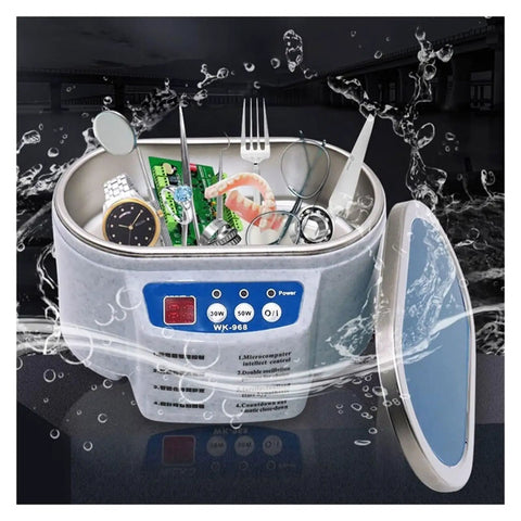 Massive 30 50 Watt Digital Ultrasonic Cleaner Bath For Jewelry And Glasses with various items inside, highlighting cleaning capability.