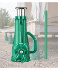 Heavy Duty Bottle Screw Jack For Floor Leveling And Auto Maintenance, green ductile iron jack with solid grip handle, portable design.