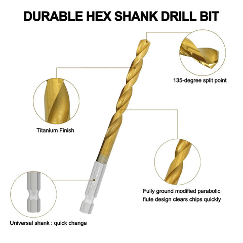 10 Pack One Quarter Inch Titanium Coated Twist Hex Shank Drill Bit Set With 135 Degree Tip HSS Impact Grade For Metal Aluminum Steel
