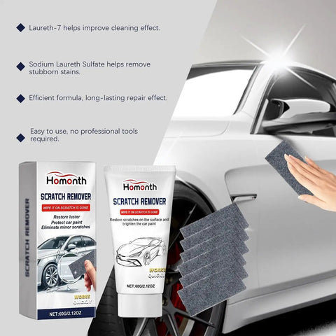 Car Scratch Remover Kit With Polishing Pad And Repair Cream For Quick Paint Restoration, Fix Minor Scratches And Scuffs, 2.12oz All In One DIY Auto Body Repair Kit with box and cloths displayed next to a car