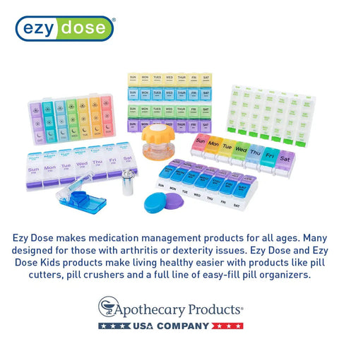 Ezy Dose pill organizers, pill cutters, and crushers on display, designed for all ages, especially arthritis or dexterity issues.