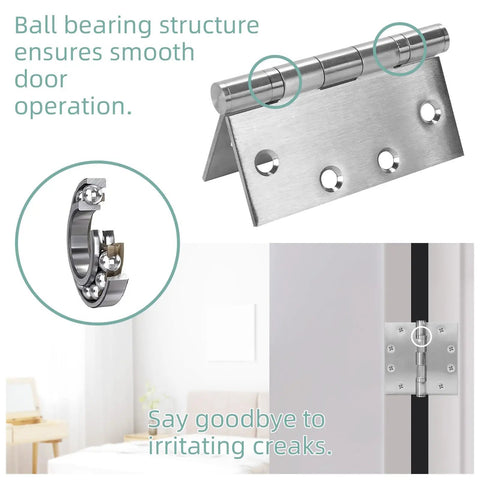 Six Pack Heavy Duty Ball Bearing Door Hinges 4.5 By 4.5 Square Inch Brushed Nickel Stainless Steel showing ball bearing for smooth operation.