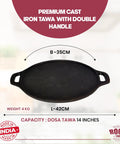Heavy Duty 14 Inch Cast Iron Dosa Tawa Pre Seasoned Flat Griddle with double handle dimensions displayed