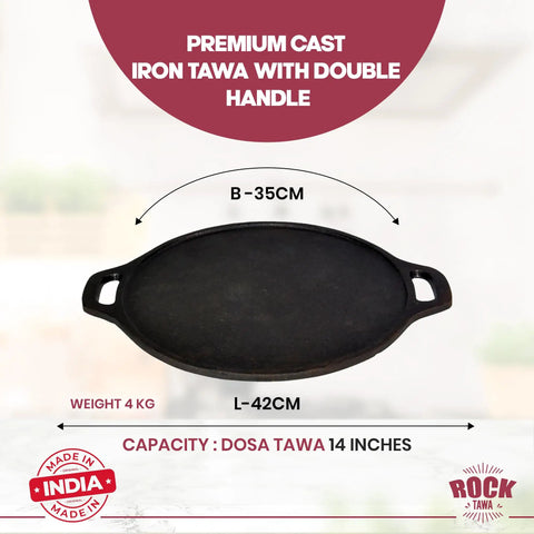 Heavy Duty 14 Inch Cast Iron Dosa Tawa Pre Seasoned Flat Griddle with double handle dimensions displayed