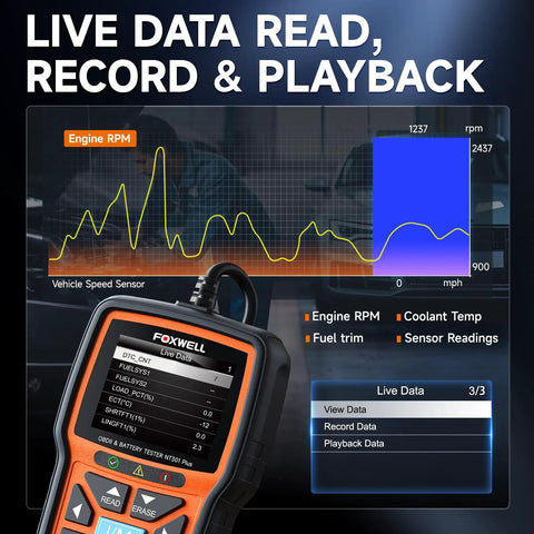 NT301 Plus 2 In 1 OBD2 Scanner And Battery Tester For Cars And Trucks Code Reader With Live Data And Check Engine Light No Mechanic Needed Save Hundreds Works On 1996 And Newer Vehicles showing live data graphs and readings