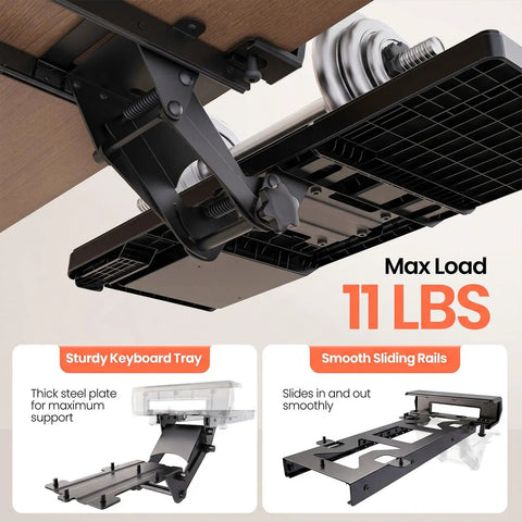 Ergonomic Under Desk Keyboard Tray With Sliding Platform And Built In Wrist Rest Storage Drawer And Easy Glide Mount For Home Office And Gaming Setups Fully Adjustable Keyboard Stand 24.4 Inches Wide underside view showing sturdy steel structure and smooth sliding rails with max load 11 lbs note.