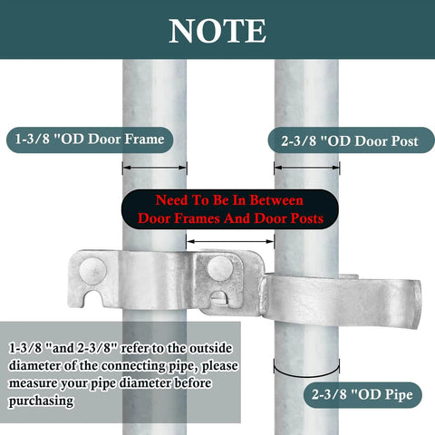 Heavy Duty Gate Hardware Kit For 1-3/8 And 2-3/8 Inch Pipe, Includes Sturdy Hinges And Padlock Latch, shown installed on pipes